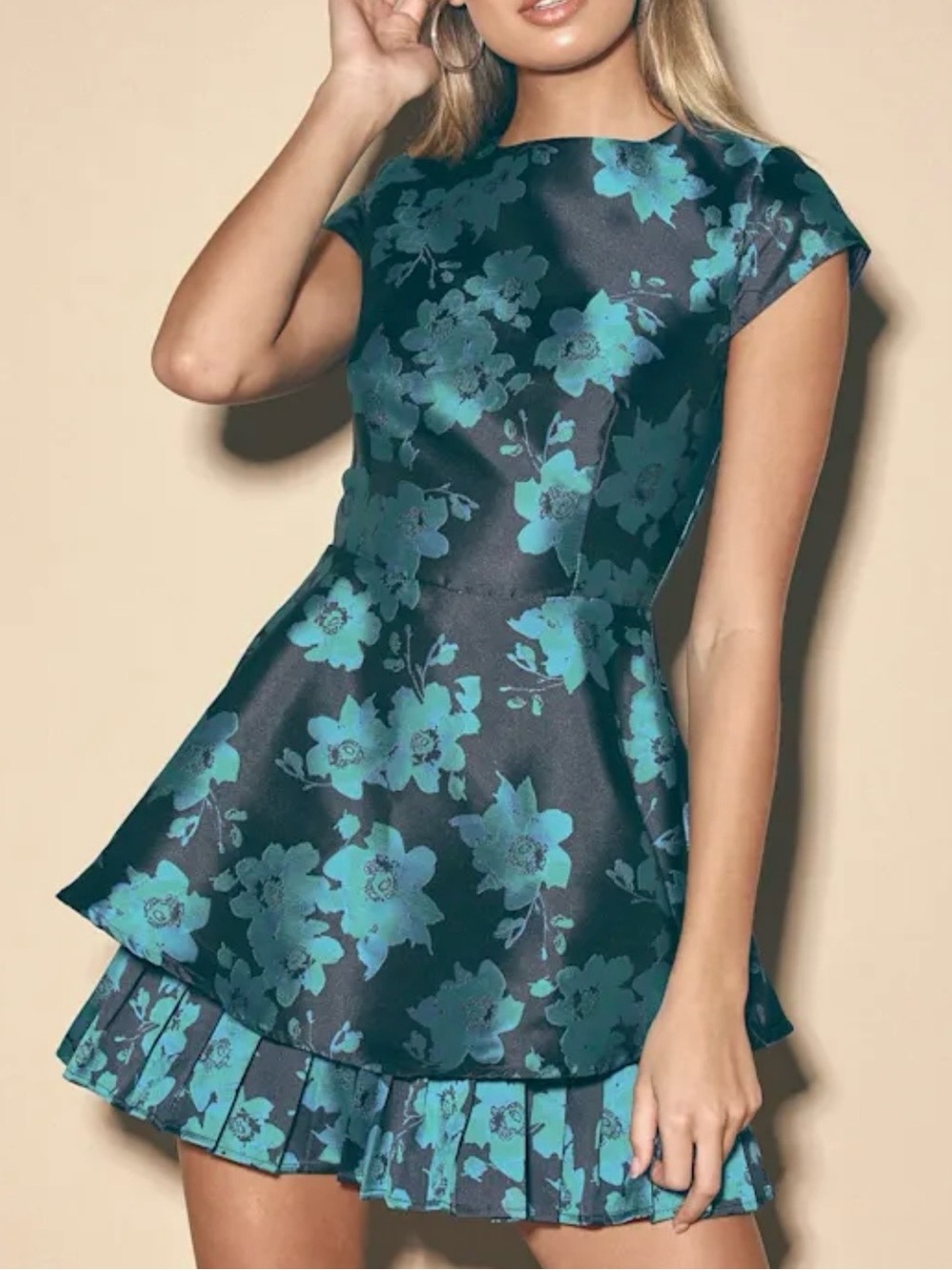 Lulus Navy & Teal Floral Jacquard Cap Sleeve Pleated Mini Dress Size Small